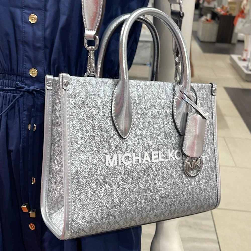Michael Kors Mirella Small Metallic Signature Logo Crossbody Bag  Silver  NWT